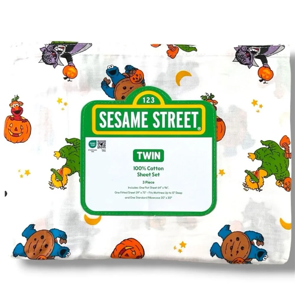Sesame Street Halloween Twin Sheet Set 3pc 100% Cotton Elmo Cookie Monster NEW
